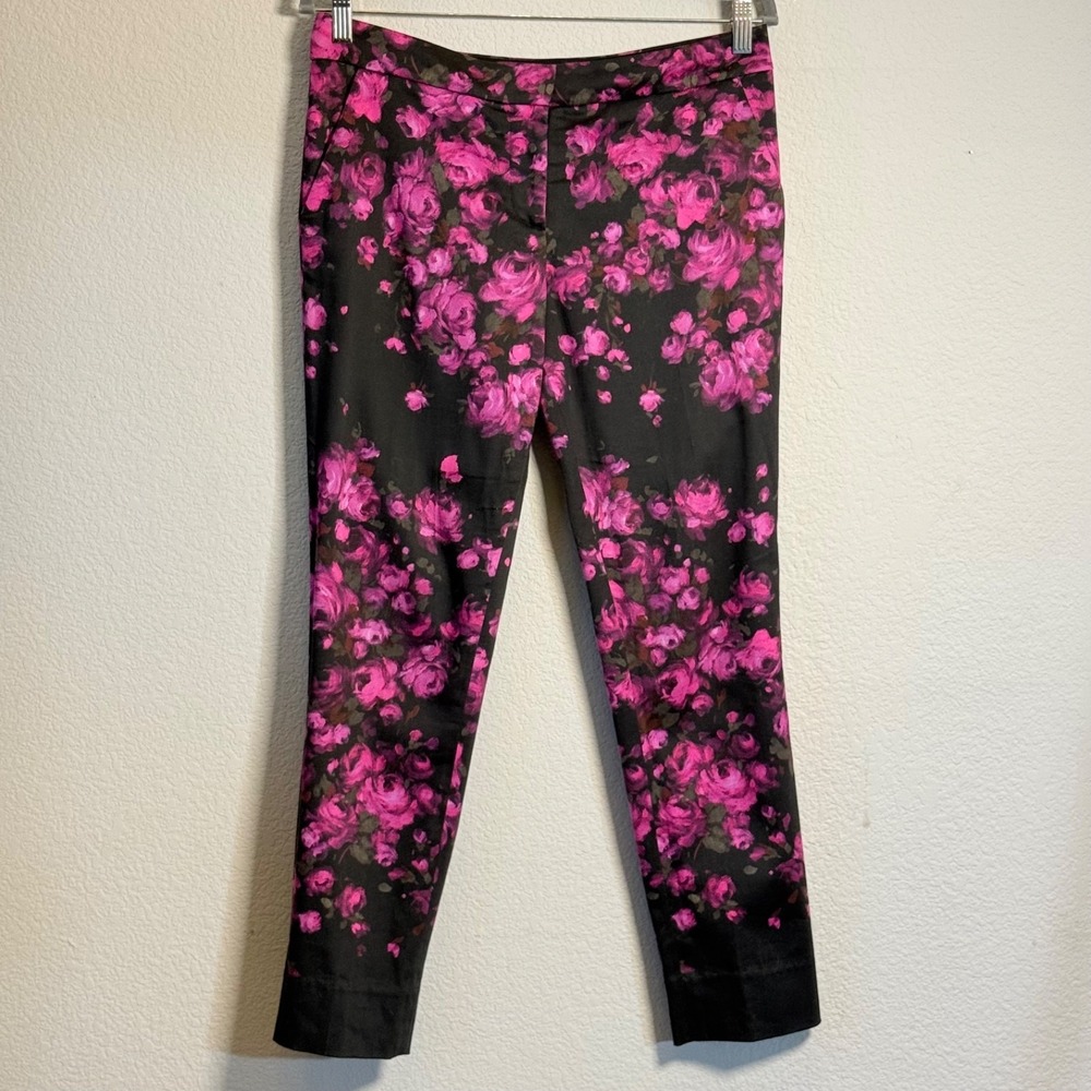 Lela Rose Floral Cigarette Ankle Pants Womens 4 Cotton Stretch Pink Black